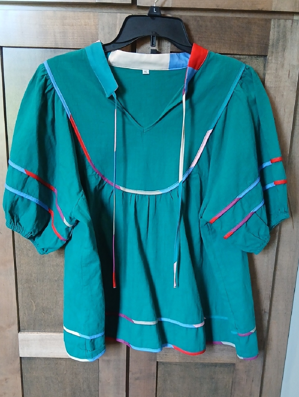 Teal Peasant Blouse with Multicolor Trim